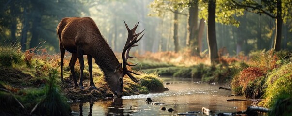 Deer with large antlers drinking fresh water from a stream - obrazy, fototapety, plakaty