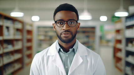 Obraz premium african male pharmacist standing by shelf at the pharmacy store.