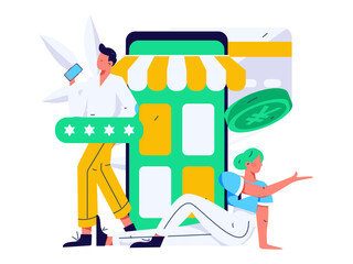 Holiday shopping people doing e-commerce online shopping flat vector concept operation hand drawn illustration
