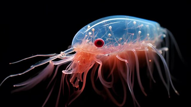 An of a tiny sea creature, such as a plankton or krill, ingesting a piece of microplastic, shedding light on the widespread problem of plastic ingestion and bioaccumulation in marine