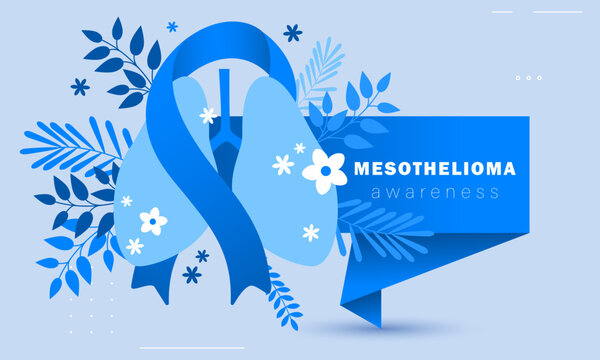 Mesothelioma awareness ribbon and paper banner. Lungs and flowers blue background. Health care