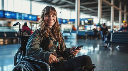 woman in a wheelchair with a disability smiling holding a phone, in an airport for travel. Inclusivity in travel concept - obrazy, fototapety, plakaty