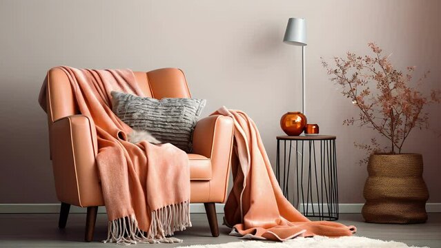 Minimalistic view of a Peach Fuzzcolored throw blanket dd over a leather armchair in a Southwestinspired bedroom.