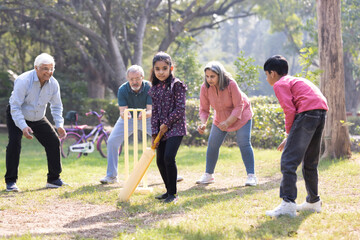 Family playing cricket in park