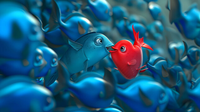 Plenty of fish in the sea concept. A red fish in the shape of a heart finds true love.