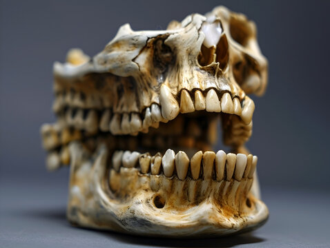 smoker's teeth in the skull on a dark background
