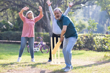 senior citizens playing cricket in the park.