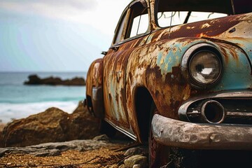 A vintage car slowly rusting away on a beach.