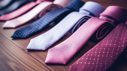 An assortment of business male neckties. Different male ties, background for business clothing and accessories store.