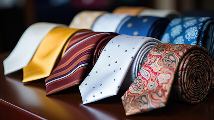 An assortment of business male neckties with polka dots. Different male ties, background for business clothing and accessories store.