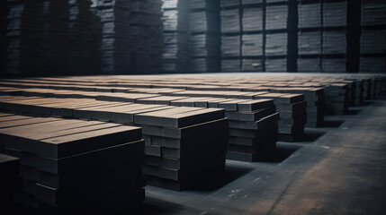 Close-up of a stack of grey paving tiles in a warehouse. Production and sale of stone paving tiles for street flooring. Construction industry, building materials. - obrazy, fototapety, plakaty