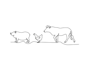 One single line drawing of Pigs, chickens and buffaloes on the farm. Mascot emblem concept for animal husbandry image. Modern continuous line graphic draw design vector illustration
