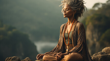Elderly woman meditating in the summer park