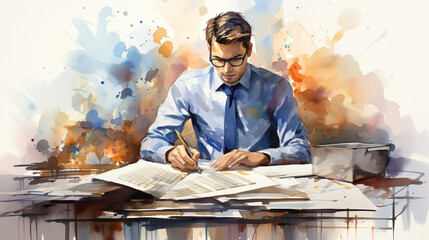 Abstract businessman working in the office watercolor illustration painting background.