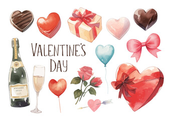 水彩で描いたバレンタインデーのイラストセット