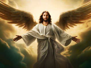 Resurrected Jesus Christ with wings ascending to heaven. God, Heaven and Second Coming concept