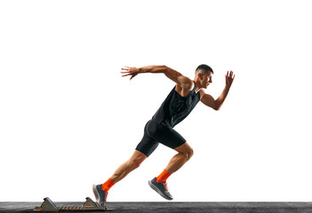 Side view body size portrait of athletic man, professional runner runs up quickly in motion against white background. Concept of sport, active lifestyle, action, victory. Ad. Copy space for text. - obrazy, fototapety, plakaty