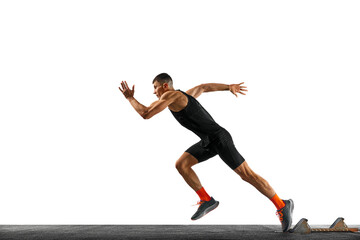 Side view body size portrait of young sportsman, professional runner runs up quickly in motion against white background. Concept of sport, active lifestyle, action. Ad. Copy space for text. - obrazy, fototapety, plakaty