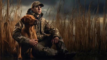 Rolgordijnen A male hunter and a German shorthaired pointer dog are sitting in the reeds by the lake. © OleksandrZastrozhnov