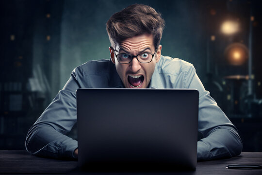 A man screaming in anger in front of his computer, concept of online hate or internet rage
