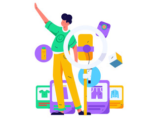 Holiday shopping people doing e-commerce online shopping flat vector concept operation hand drawn illustration
