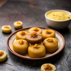 Naklejka na ściany i meble brown and kesar pedha or peda is an indian traditional sweet dish made from milk khoya and saffron