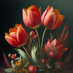 Composition with red tulips and other plants on a dark background in the studio.