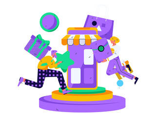 Holiday shopping people doing e-commerce online shopping flat vector concept operation hand drawn illustration
