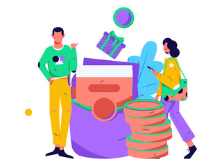 Holiday shopping people doing e-commerce online shopping flat vector concept operation hand drawn illustration
