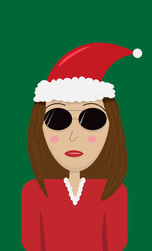 a girl in a Santa Claus costume and black sunglasses on a green background