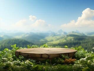 Natural podium product display with leaves tropical forest background