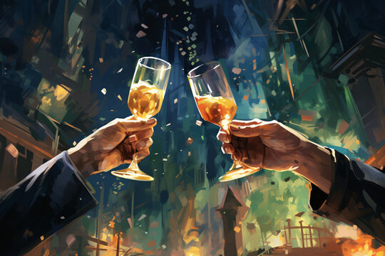 Illustration of people toasting with champagne glasses close-up