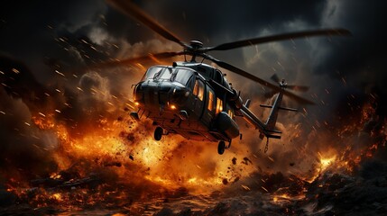 helicopter on war zone fire and smoke in the desert background