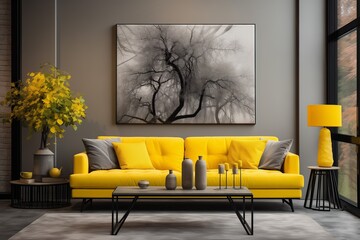 Modern living room design featuring a vibrant yellow sofa