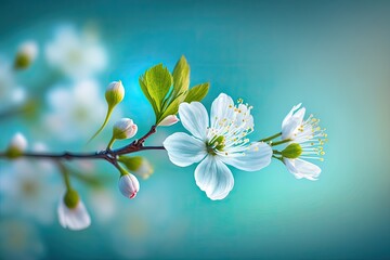 A close-up of cherry blossoms in full bloom with a turquoise background