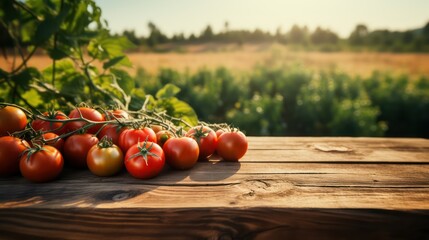 Tomatoes on a wooden table in the field background - Powered by Adobe
