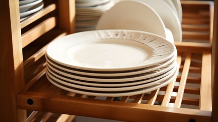 Empty white plates stand in a wooden dish rack. Dishes assortment. - obrazy, fototapety, plakaty