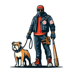 Biker man holding baseball bat and a dog flat design vector illustration.