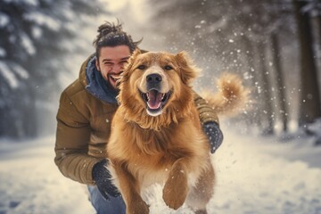 portrait of a happy family enjoying a walk with their dog in a beautiful winter forest, copy space. the winter vacation