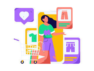 Holiday shopping people doing e-commerce online shopping flat vector concept operation hand drawn illustration
