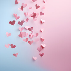 Paper hearts flying away like butterfly on light pink and blue background in the style of  minimalims. Minimal love and women's day greeting card	