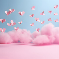 Pink paper hearts and clouds over blue background, in the style of  minimalims. Minimal love and women's day greeting card	