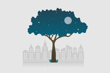 A tree with starry night sky and city in background. Vector illustration.