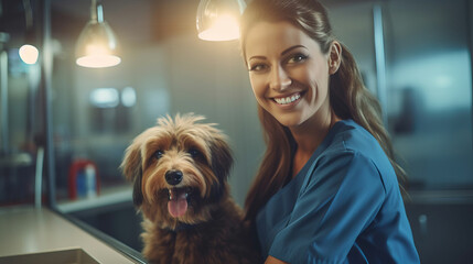 Young vet girl shares joyful moment with playful dog in clinic symbolizes importance of routine...