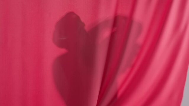 Silhouette of a man washing with a loofah in a shower behind a pink curtain. The curtain is pulled back and a frightened man in a waterproof cap throws the washcloth and hides behind the curtain close