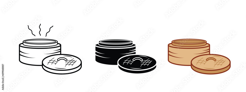 Wall mural Bamboo dimsum steamer container vector icon illustration set collection isolated on plain white background. Simple flat minimalist chinese food dimsum drawing with cartoon art style.