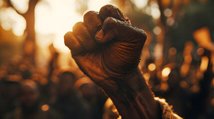 A black person's raised fist protests war, revolution, racism, and discrimination for freedom, justice, and peace, with a crowd in the streets, - obrazy, fototapety, plakaty