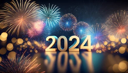 Foto op Plexiglas 2024, fogos de artifício coloridos ano novo, fogos, réveillon, virada do ano © coffeee