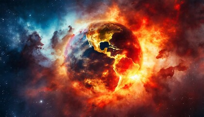 planeta Terra pegando fogo no espaço, aquecimento global, cataclisma, armagedon, fim dos tempos, bíblico - obrazy, fototapety, plakaty