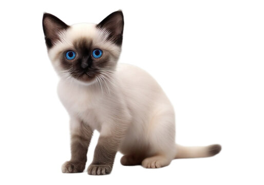 Portrait of siamese cat sitting, isolated on transparent of white background